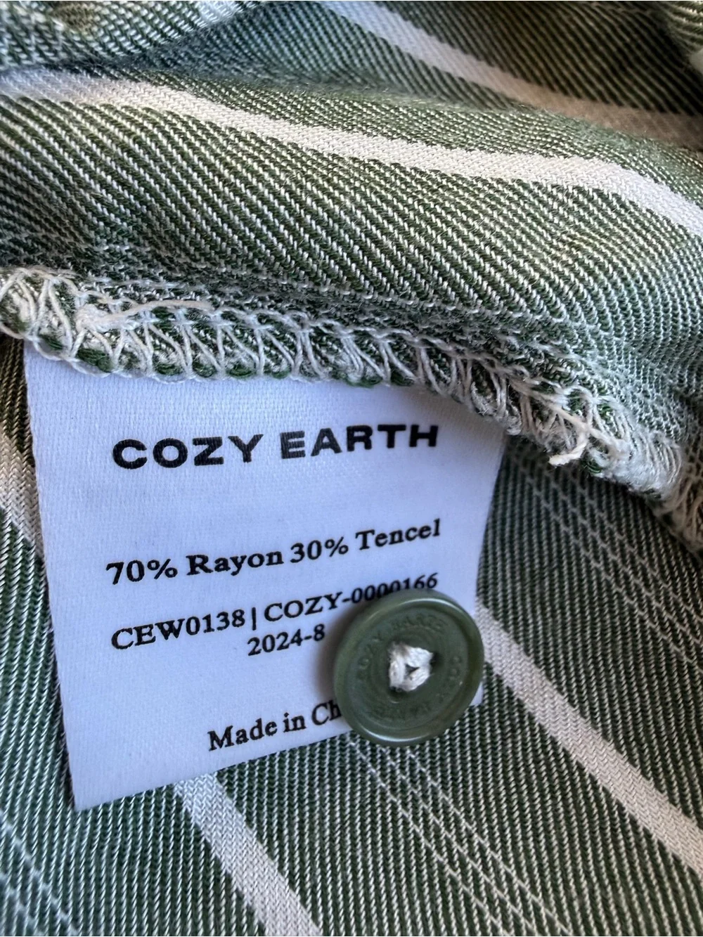 Cozy Earth Women’s soft woven pajama top Jasper Green White Button-Front Medium
